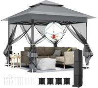 Tonnelle Pliante 3,3 x 3,3 imperméable,avec 4 Toiles Moustiquaires, One Push Tonnelle de Jardin,Tente de fête à Double Toit, 4 PCS Sacs de Sable, pour terrasse/marché/Camping/Plage, Gris Foncé