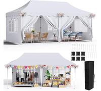 Tonnelle Pliante 3x6M Imperméable, Tonnelle de Jardin 290-300-310cm de Haut | Protection UV 50+ Avec 4 parois latérales, 12 Crochets de Terre, 6 Cordes et 6 Sacs de Sable, Gazebo Jardin Blanc