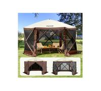 Tonnelle pop-up 3,51x3,51 m, tente moustiquaire 6 côtés, abri solaire, fenêtres maille, marron