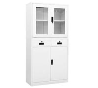 Tonture Armoire de bureau blanche 90 x 40 x 180 cm en acier et verre trempé avec serrure, 3 étagères réglables, 2 tiroirs, verrouillable, idéale pour bureau, atelier, couloir, espace de rangement et