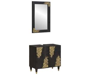 Tonture Armoire de salle de bain noire en bois de manguier massif avec 2 portes, miroir plat, boutons en laiton, espace de rangement, meuble sous lavabo et armoire miroir pour salle de bain, WC