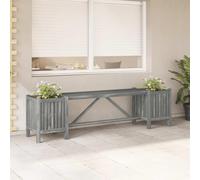 Tonture Banc de jardin en bois d'acacia massif avec 2 pots de fleurs, 150 cm de long, laqué gris, résistant aux intempéries et robuste, idéal pour terrasse, balcon, jardin et extérieur avec dossier et