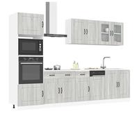 Tonture Ensemble de 7 armoires de cuisine Kalmar gris Sonoma en bois avec beaucoup d'espace de rangement, pieds réglables, armoire suspendue, armoire basse, vitrine et panneau de lave-vaisselle pour