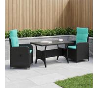 Tonture Ensemble de Repas extérieur 3 pièces en polyrotin Noir et Turquoise, mobilier Jardin avec Table 120x70 cm, chaises réglables Dossier 86-94 cm, Design Moderne résistant aux intempéries