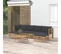 Tonture Ensemble de salon de jardin 7 pièces en bambou finition naturelle, coussins gris foncé, canapé d'extérieur modulaire pour terrasse, balcon, sièges confortables, durable