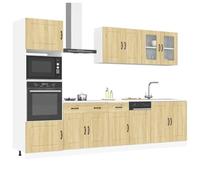 Tonture Kalmar Lot de 7 armoires de cuisine en chêne Sonoma avec beaucoup d'espace de rangement, pieds réglables, armoire suspendue, armoire basse, vitrine, plan de travail pour cuisine et salle à