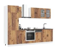 Tonture Kalmar Lot de 8 armoires de cuisine aspect bois vieilli avec beaucoup d'espace de rangement, armoire suspendue, armoire basse, vitrine, plan de travail, idéal pour la cuisine et la salle à
