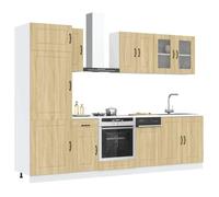 Tonture Kalmar Lot de 8 armoires de cuisine en chêne Sonoma avec armoire suspendue, armoire basse, vitrine, meuble sous évier, plan de travail pour cuisine et salle à manger