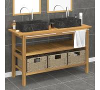 Tonture Lavabo avec lavabo en marbre noir, meuble sous lavabo en teck massif 132 x 45 x 75 cm, 3 paniers en jonc de mer, main courante 52,8 cm, pour salle de bain, espace de rangement et étagère