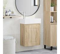 Tonture Meuble de Salle de Bain avec lavabo en céramique Robinet mélangeur Chêne Sonoma Montage Mural Espace optimisé Rangement Compact Design Salle Bain Moderne