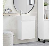 Tonture Meuble de Salle de Bain Blanc avec lavabo en céramique, Robinet mélangeur, Rangement Mural, Porte réversible, Dimensions 45,5 x 22,5 x 84 cm pour Espace optimisé
