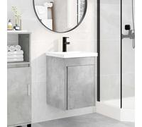 Tonture Meuble sous lavabo de salle de bain gris béton avec lavabo en céramique et mitigeur noir, montage mural, avec espace de rangement, tiroir, porte, étagère et bonde push pour salle de bain et WC