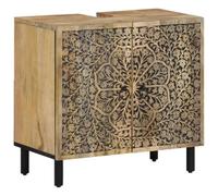 Tonture Meuble sous lavabo en bois de manguier massif 62 x 33 x 58 cm avec motif rétro sculpté à la main, pieds en fer stables, beaucoup d'espace de rangement, idéal pour meubles de salle de bain