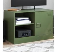 Tonture Meuble TV Vert Olive en Acier laminé à Froid 67x39x44 cm avec 2 étagères, Porte et poignée métal, Support pour écran TV 51-76 cm, Rangement Pratique pour Salon séjour