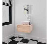 Tonture Meubles de Salle de Bains Trois pièces Beige avec Armoire Murale, Miroir et lavabo en céramique pour Espace Moderne et Rangement Compact