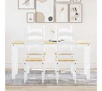 Tonture Panama Salon de salle à manger 5 pièces en bois massif de pin blanc 160 x 80 x 75 cm avec 4 chaises rembourrées Ensemble de meubles de cuisine style maison de campagne