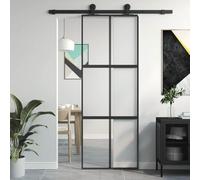 Tonture Porte coulissante noire 76 x 205 cm en verre trempé et aluminium - Porte d'entrée extérieure - Porte de sécurité - Porte d'entrée latérale - Porte avant - Protection anti-effraction