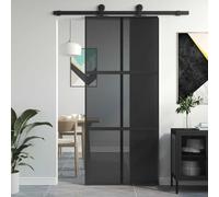 Tonture Porte coulissante noire 90 x 205 cm en verre trempé et aluminium avec cadre et insert en verre pour porte d'entrée, porte extérieure, porte d'entrée latérale, porte avant, protection
