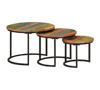 Tonture Tables gigognes 3 pièces Bois Massif de récupération avec Plateau Rond et Pieds en Fer Noir, Dimensions variées pour Salon, Chambre ou Bureau, Design Industriel Vintage et Rangement Pratique