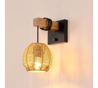 Toolight Applique Murale Vintage Bois Rotin E27 Salon Chambre | Lampe Murale Boho, Abat-jour en Rotin, avec Interrupteur, pour Chevet et Couloir, Sans Ampoule