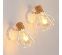 Toolight Lot de 2 Applique Murale 350° Bois Métal Fer Blanc E27 Chambre | Applique Mural Vintage, Cage Métal Fer, Orientable 350°, pour Chambre et Couloir, Sans Ampoule, Design Industriel