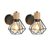 Toolight Lot de 2 Applique Murale Industrielle Vintage, 360° Réglable Lampe Murale en Bois, Luminaire Murales Cage E27 en Métal et Fer pour Chambre à Coucher Couloir Salle de Séjour Max 60W, Noir