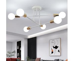 Toolight Plafonnier Industriel, 6 Lumières Lustre Sputnik Vintage E27 Base, Lustre en Metal, Lampe Plafond pour Salon Chambre Cuisine Salle À Manger, Blanc avec Or, 52cm (sans Ampoules)
