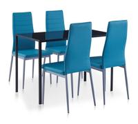 toolkix Ensemble de salle à manger 5 pièces bleu avec table en verre trempé et chaises en cuir synthétique, dimensions de la table 105 x 60 x 74 cm, 4 chaises avec assise rembourrée, ensemble de