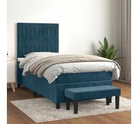 toolkix Lit à sommier tapissier avec matelas bleu foncé 90 x 190 cm en velours, lit rembourré avec tête de lit réglable en hauteur, ressorts ensachés, surmatelas et banc de lit pour chambre à coucher