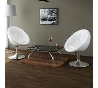 toolkix Lot de 2 fauteuils cocktail en cuir synthétique blanc réglables en hauteur avec vérin à gaz, siège et dossier rembourrés, pivotants, avec repose-pieds, structure en acier aspect chrome poli