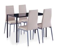 toolkix Salon à manger 5 pièces marron cappuccino avec table en verre trempé, chaises en cuir synthétique, cadre en bois et fer, 105 x 60 x 74 cm, ensemble de meubles de salle à manger modernes pour