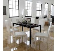 toolkix Salon de salle à manger 7 pièces noir et blanc avec table en verre trempé, chaises en cuir synthétique, 120 x 60 x 74 cm, 6 pièces pour cuisine, salon, design moderne, peu encombrant