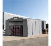 TOOLPORT 8x12 m tente de stockage, PVC 850, H. 3,6 m avec portes à fermeture éclair et fenêtres dans le toit, gris, avec statique (type de sol : terre) - (93828)