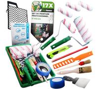 ToolSpace 17 Pièces Rouleau Kit - 18 cm et 4 x 11 cm Mini Rouleaux avec Manche - Pinceau 36 mm et Rond - Bac et Ruban de Masquage Scotch Bâche de Protection Grille Cutter Crayon Spatule Peinture