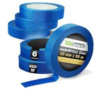 ToolSpace Ruban de Masquage Bleu - Scotch Adhésif Crêpe UV pour Peinture Decoratif - Papier Collant Rouleau 25 mm x 50 m lot de 6 - pour Multi Surfaces Intérieur Extérieur et Fenêtres Portes