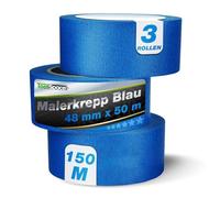 ToolSpace Ruban de Masquage Bleu - Scotch Adhésif Crêpe UV pour Peinture Decoratif - Papier Collant Rouleau 48 mm x 50 m lot de 3 - pour Multi Surfaces Intérieur Extérieur et Fenêtres Portes