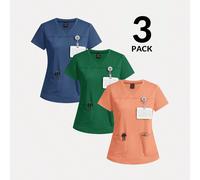 Top de blouse de travail à col en V, manches courtes, avec deux poches, couleur unie L,M,S,XL,XS,XXL,XXSUnicoloreTissu tricoté
