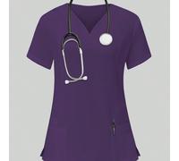 Top de blouse de travail à col en V, manches courtes et poche, couleur unie L,M,S,XLPortrait,LettresTissu tissé