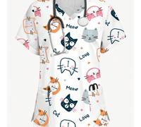 Top de blouse infirmière pour femme avec imprimé dessin animé graffiti lettre chat mignon, mode printemps/été, col en V, manches courtes, double poche, fente latérale, tenue de travail, Top de blouse 