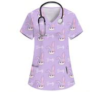 Top d'uniforme de travail pour femmes violet col V manches courtes double poche motif dessin animé mignon, imprimé motif petit lapin mignon, uniforme de travail pour infirmière médecin, uniforme de co