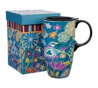 Topadorn Cedar Home Tasse à café en céramique avec Couvercle Motif Floral Bleu Sarcelle 500 ML