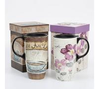 Topadorn Lot de 2 tasses à café en céramique avec couvercle hermétique et boîte cadeau 500 ml