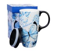 Topadorn Tasse à café en céramique avec couvercle et boîte assortie, 500 ml, motif papillon, Just Believe, cadeau anniversaire été