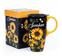 Topadorn Tasse à café en céramique avec couvercle et boîte cadeau assortie Motif tournesol 500 ml, Cadeau pour la fête des mères