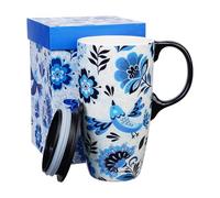 Topadorn Tasse à café en céramique avec couvercle et boîte de couleur, Mug de voyage en céramique en porcelaine avec couvercle anti-déversement, 500 ml, oiseau bleu