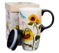 Topadorn Tasse à Café en Céramique Tournesol avec Couvercle et Boîte Cadeau, 500 ml, Motif Tournesol et Libellule