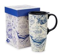 Topadorn Tasse de voyage en céramique avec couvercle et poignée - Cadeau pour les amateurs de café - Tasse à café en céramique - Tasse à lait en céramique - 500 ml - Motif voilier