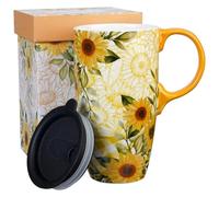 Topadorn Tasse de voyage en céramique avec couvercle et poignée pour les amateurs de café, tasse à café, latte, tasse à thé, lait dans une boîte colorée, 500 ml, fleurs jaunes