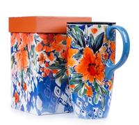 Topadorn Tasse de voyage en céramique avec couvercle - Tasse à café avec boîte cadeau - Tasse à café latte - Grande capacité de 500 ml - Cadeau pour la maison et le bureau - Fleur orange