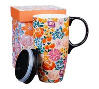Topadorn Tasse de voyage en céramique de 500 ml avec couvercle, tasse à café florale, anti-déversement, passe au micro-ondes et au lave-vaisselle, motif floral aquarelle